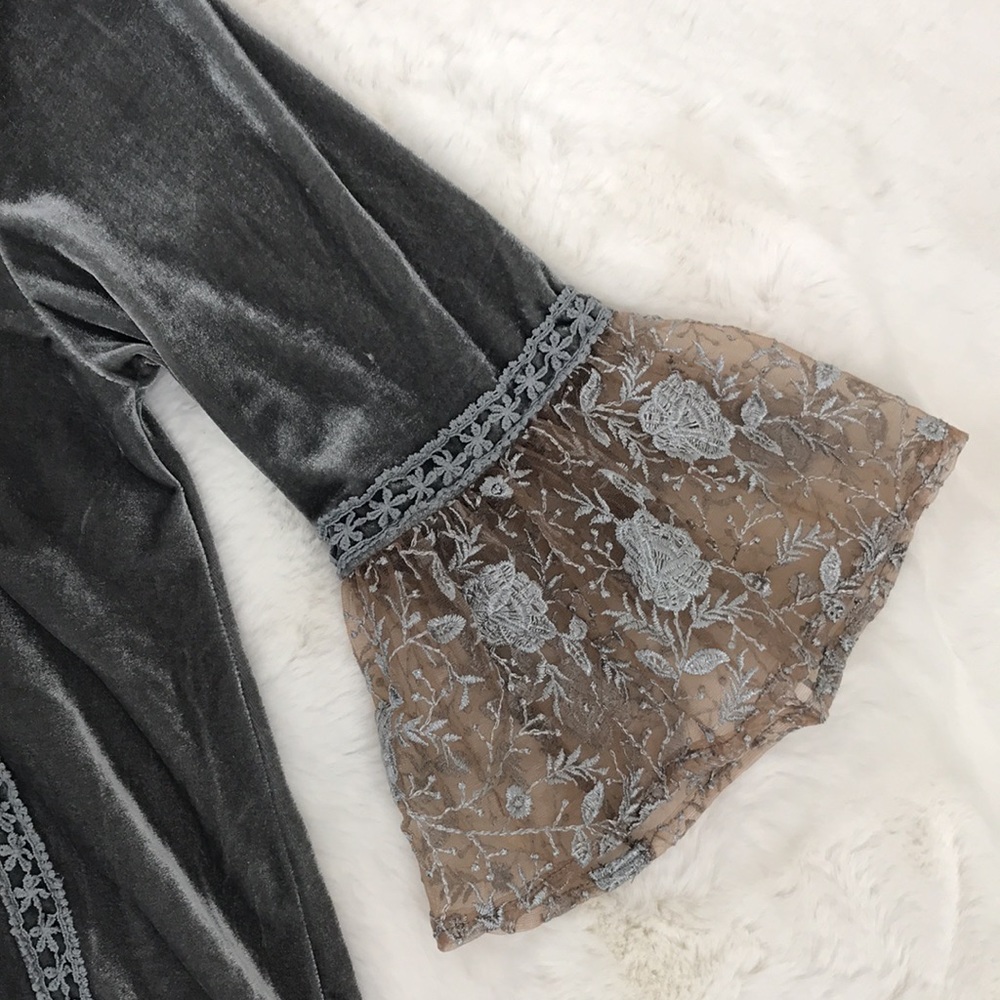 POL Velvet Tunic Blouse with Lace Insets in Gray - Picture 7 of 8